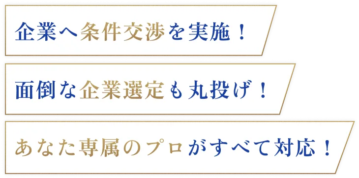 企業へ条件交渉を実施！/面倒な企業選定も丸投げ！/あなた専属のプロがすべて対応！